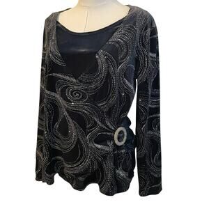 90s Black Velvet Top Womens L Shimmer 2pc Stretchy Elegant Glam NYE Y2K Girly